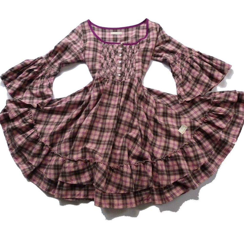 ODD MOLLY QUIRKY GOTH 80'S CHECK TARTAN BABYDOLL TIERED VERY FULL DRESS SZ 2 M L